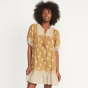 Puff Printed Sleeve Mini Swing Dress - Size Medium